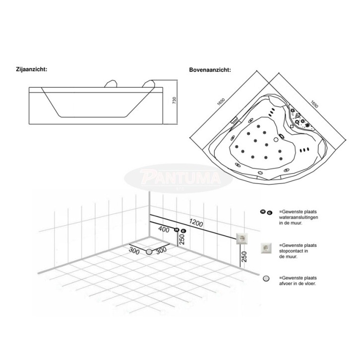 Hydromasážní vana SSWW W0809B-WL levá verze 165x165x73